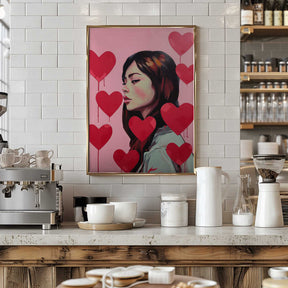Portrait Of A Woman Surrounded By Red Hearts Poster