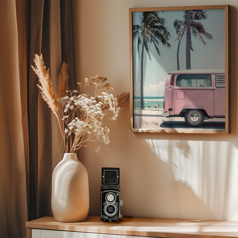 Pink Bus By the Beach Poster