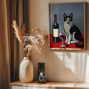 Black and White Cat On Red Table Poster