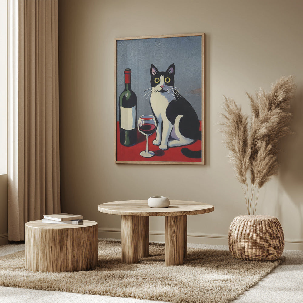 Black and White Cat On Red Table Poster