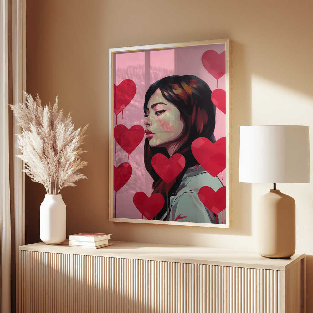 Portrait Of A Woman Surrounded By Red Hearts Poster