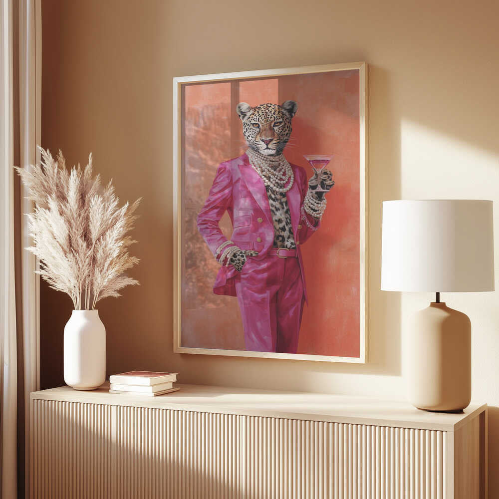 Leopard Dressed In Pink Satin Suit Poster