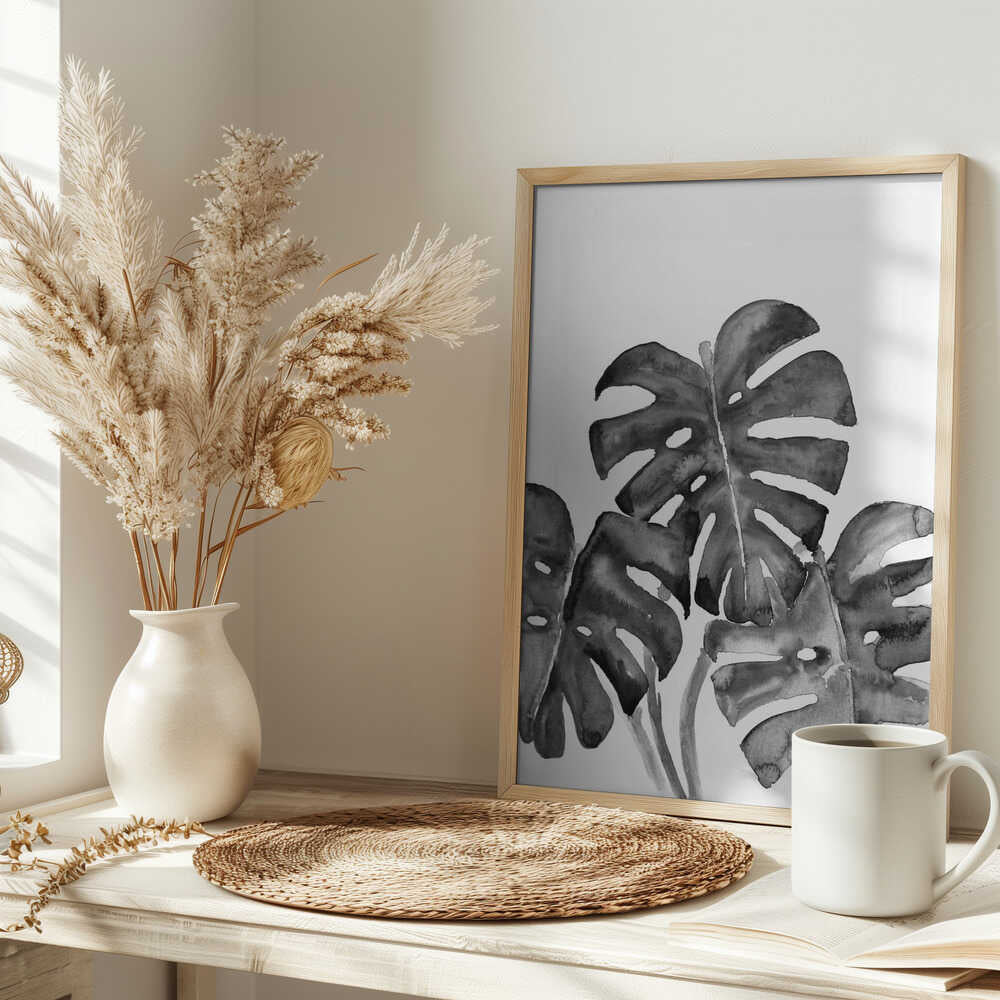 Monstera leaves in loose watercolor bw Poster