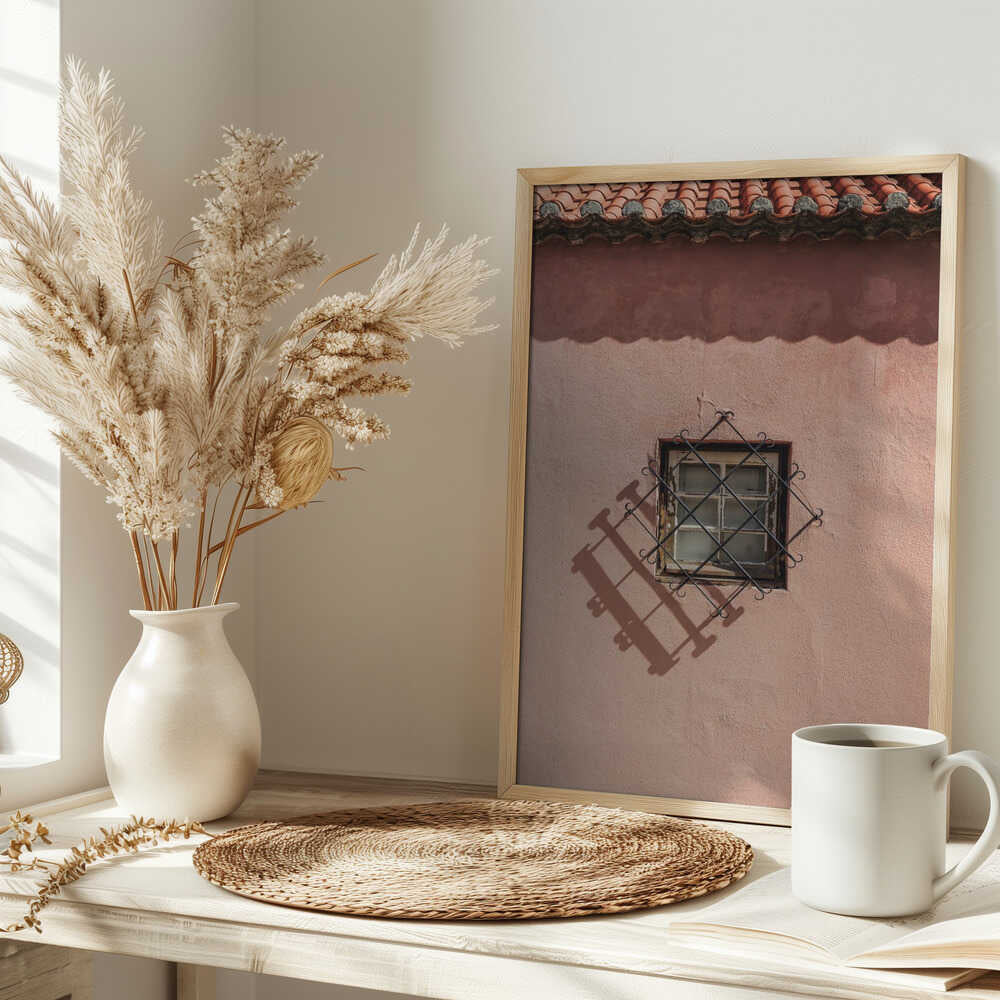 Rustic Pink Wall With A Vintage Window Poster