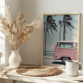 Pink Bus By the Beach Poster