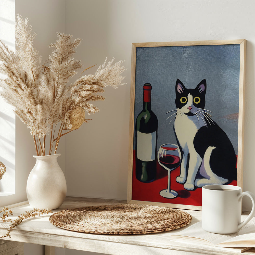 Black and White Cat On Red Table Poster