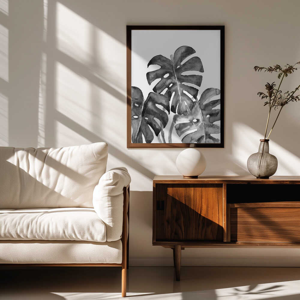 Monstera leaves in loose watercolor bw Poster