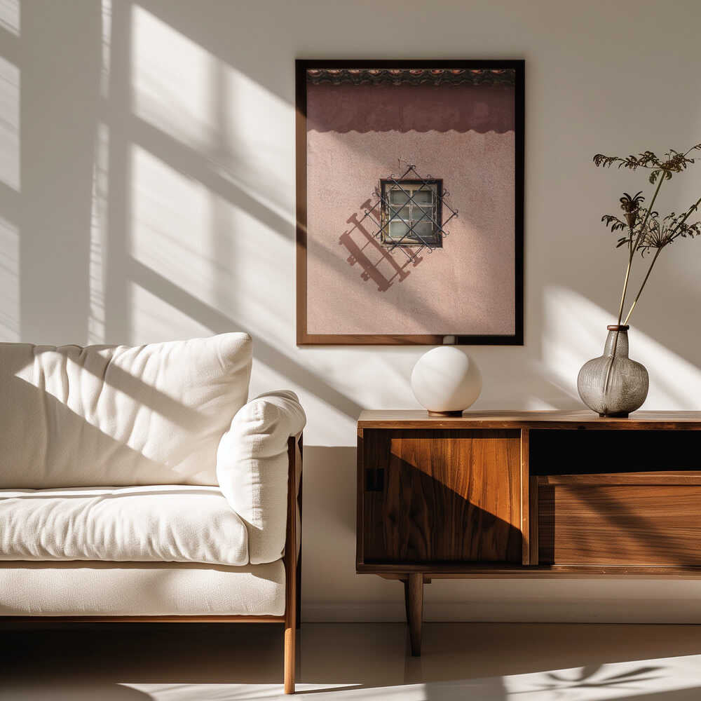 Rustic Pink Wall With A Vintage Window Poster