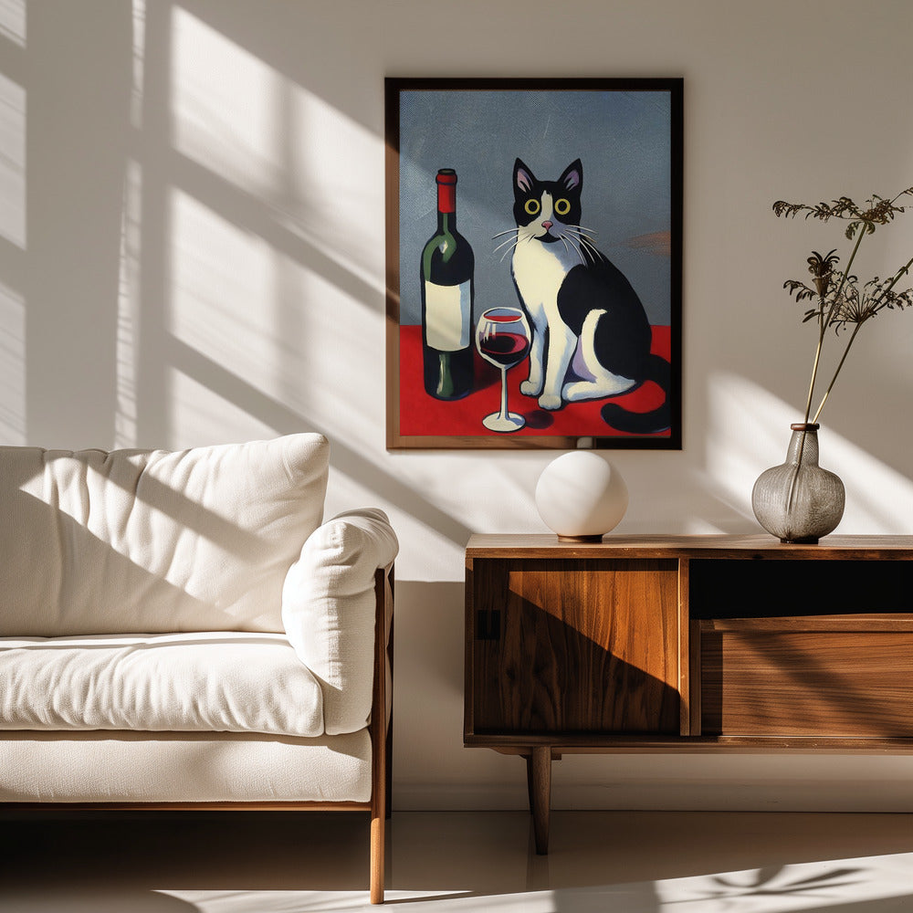 Black and White Cat On Red Table Poster