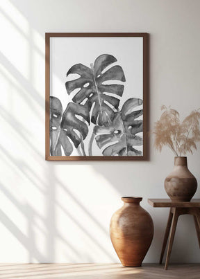 Monstera leaves in loose watercolor bw Poster