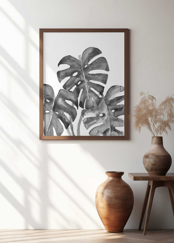 Monstera leaves in loose watercolor bw Poster