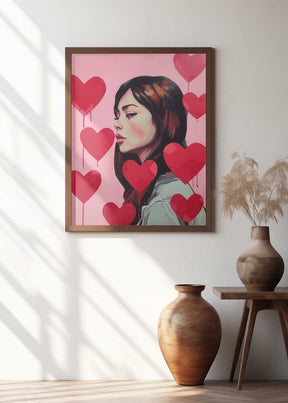 Portrait Of A Woman Surrounded By Red Hearts Poster