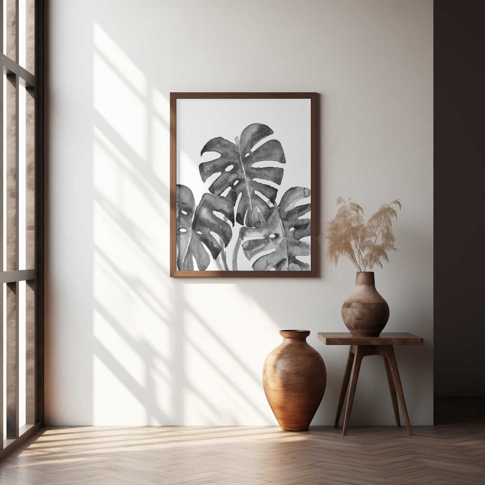 Monstera leaves in loose watercolor bw Poster
