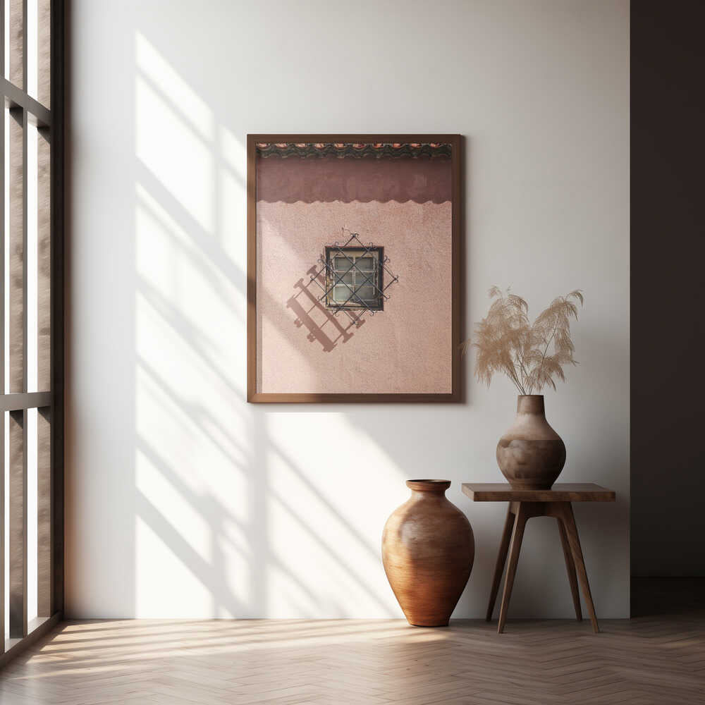 Rustic Pink Wall With A Vintage Window Poster