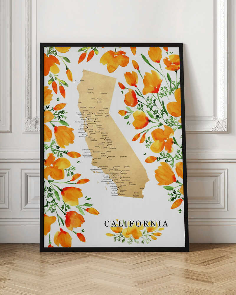 California map with watercolor poppies Poster