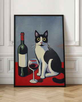 Black and White Cat On Red Table Poster