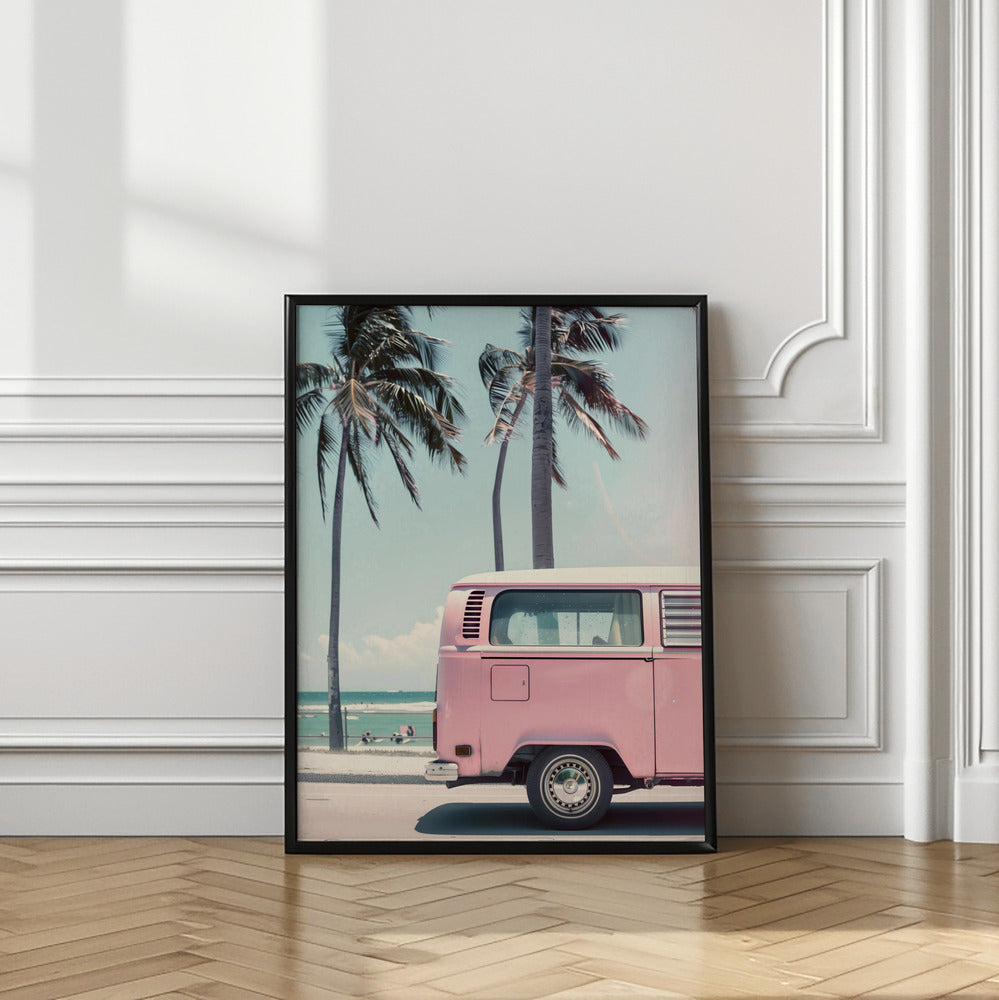 Pink Bus By the Beach Poster