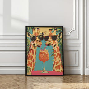 Giraffes Sharing a Drink Poster