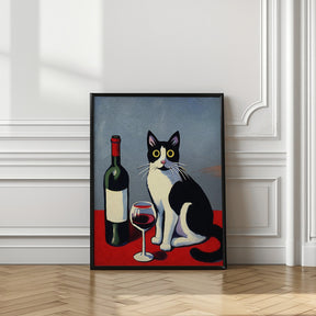 Black and White Cat On Red Table Poster