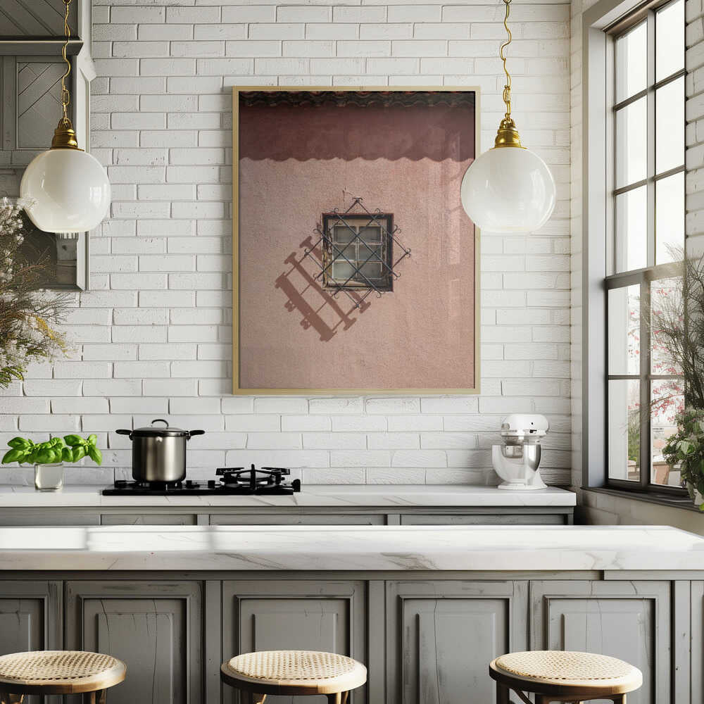 Rustic Pink Wall With A Vintage Window Poster