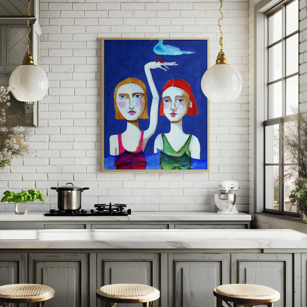 Swimming Ladies with Blue Bird Poster