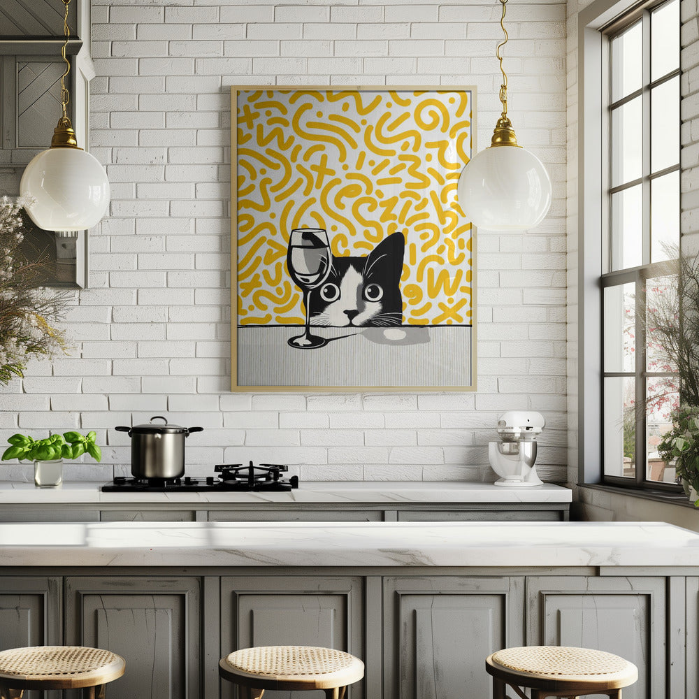 Cat and No Wine On Mustard Background Poster