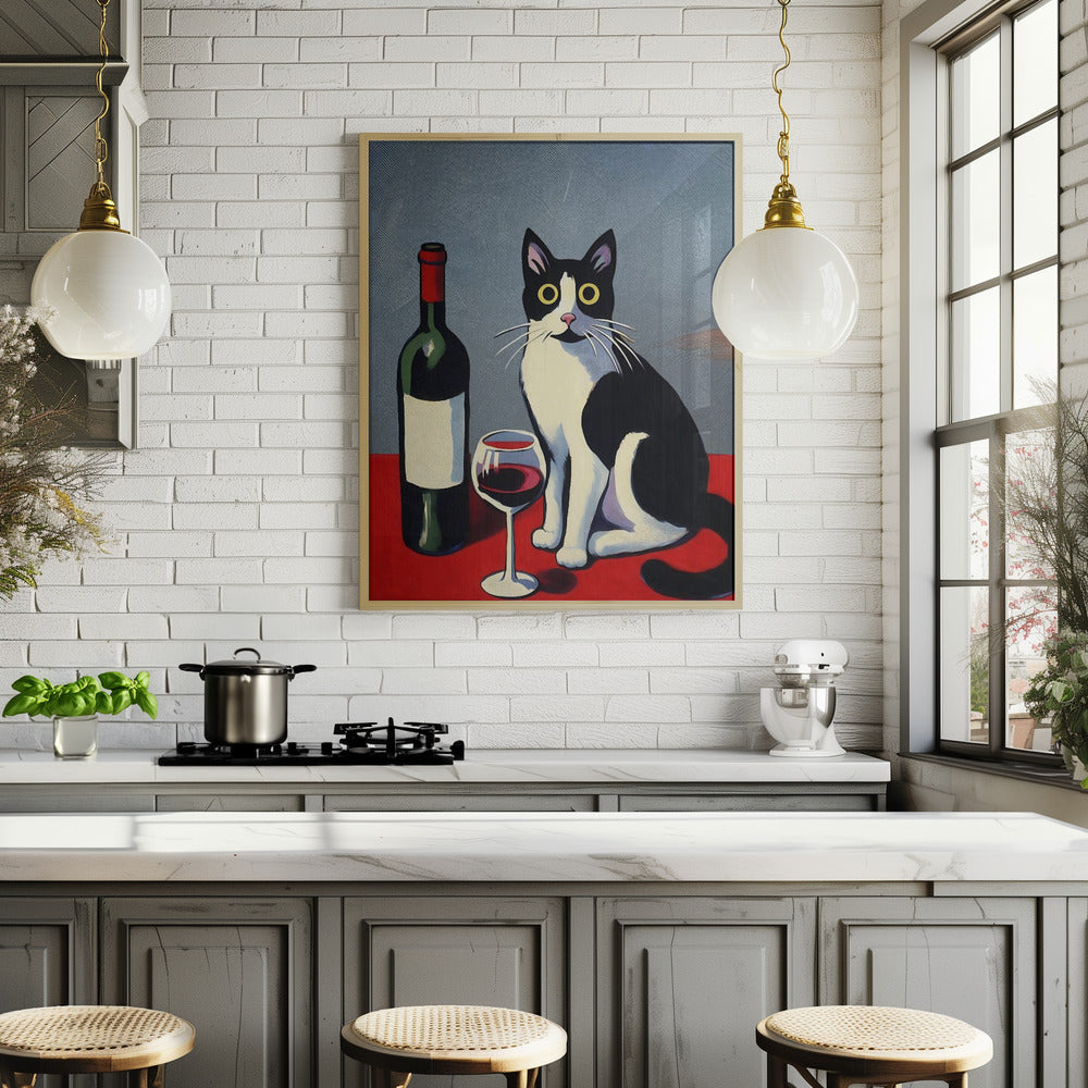 Black and White Cat On Red Table Poster