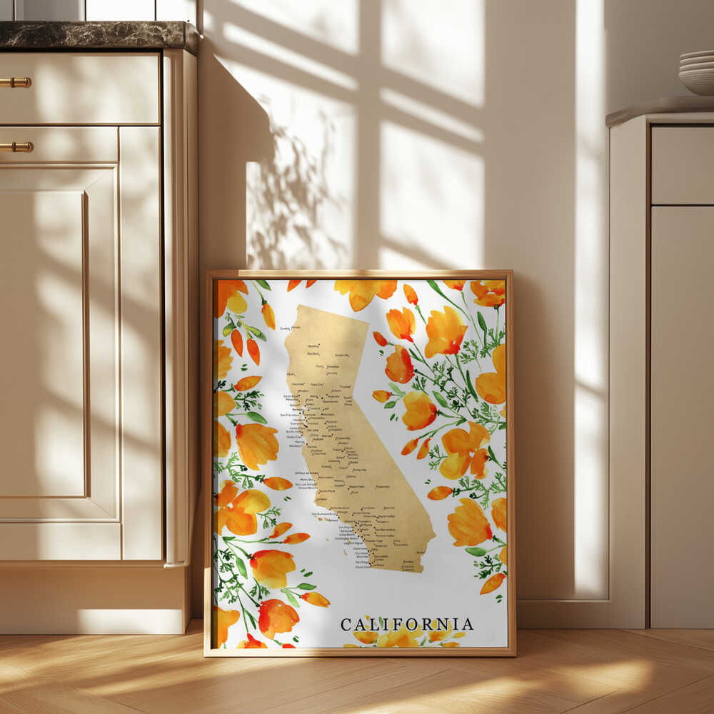 California map with watercolor poppies Poster