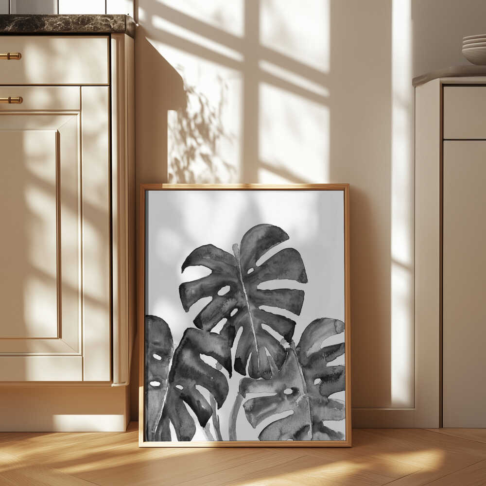 Monstera leaves in loose watercolor bw Poster