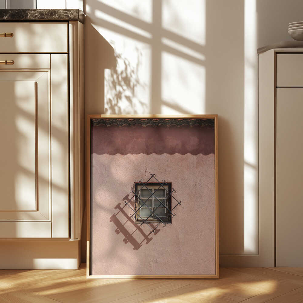 Rustic Pink Wall With A Vintage Window Poster