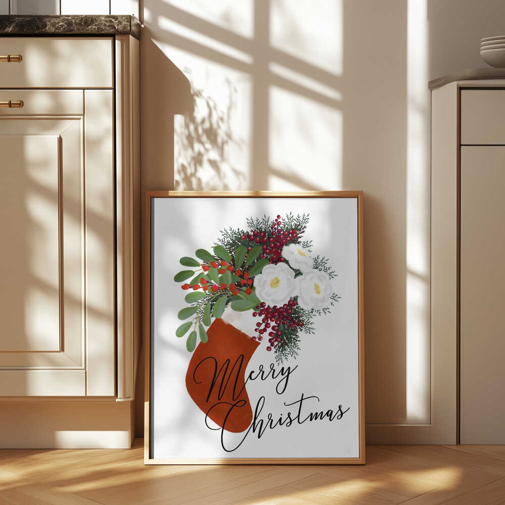 Floral Stocking Merry Christmas in white Poster