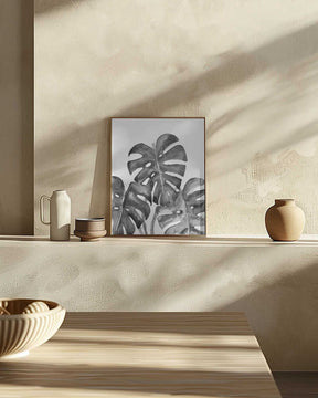 Monstera leaves in loose watercolor bw Poster