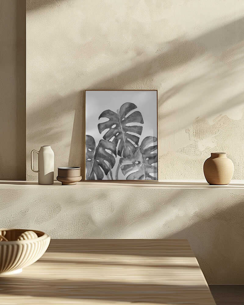 Monstera leaves in loose watercolor bw Poster