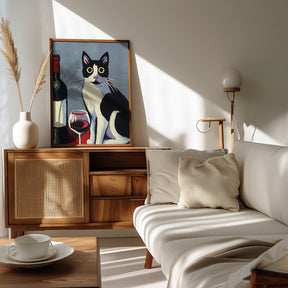 Black and White Cat On Red Table Poster