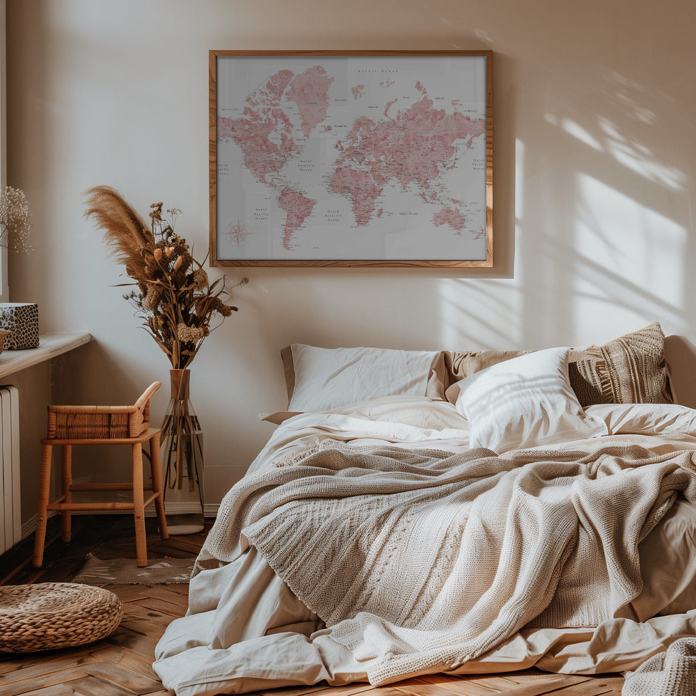 Pink watercolor world map with cities, Alheli Poster