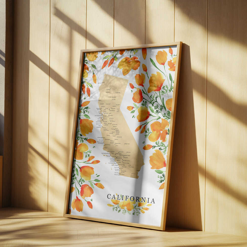 California map with watercolor poppies Poster