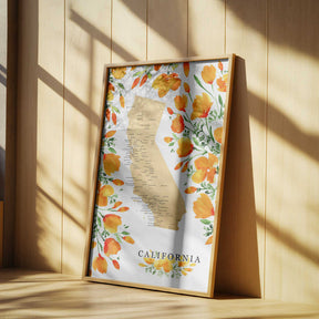 California map with watercolor poppies Poster