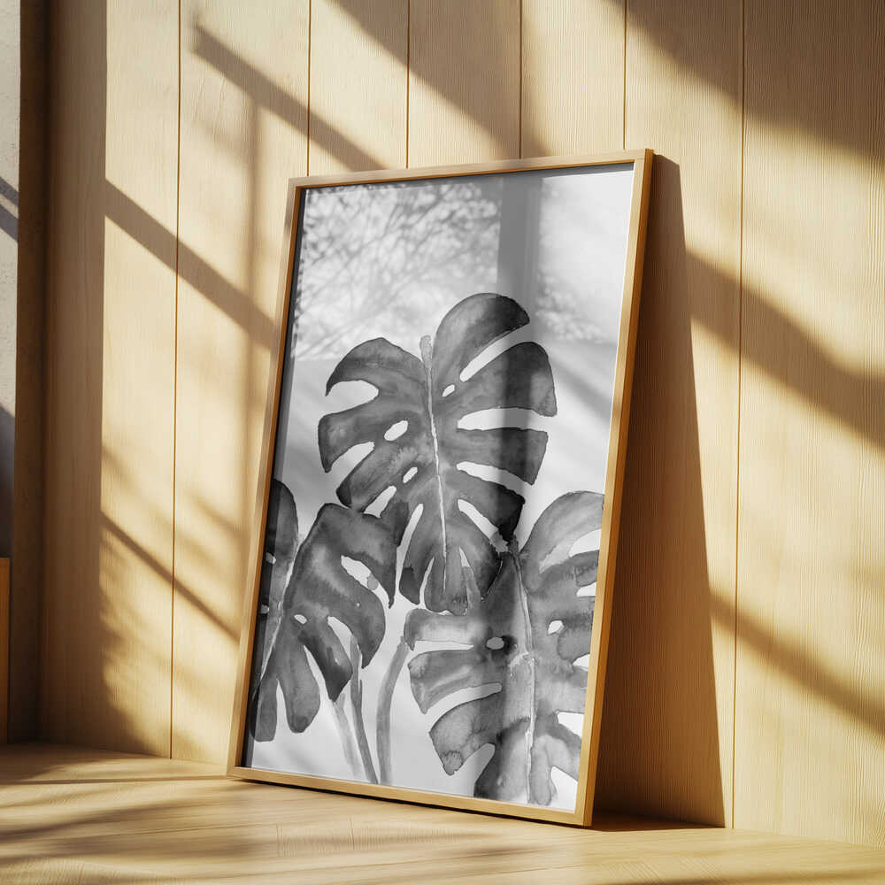 Monstera leaves in loose watercolor bw Poster