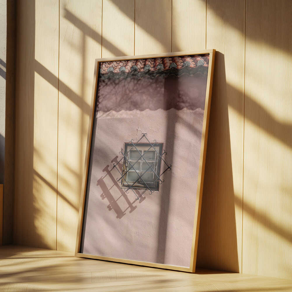 Rustic Pink Wall With A Vintage Window Poster