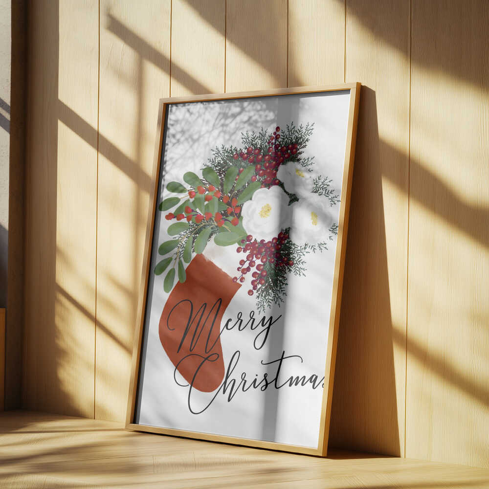 Floral Stocking Merry Christmas in white Poster