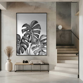 Monstera leaves in loose watercolor bw Poster