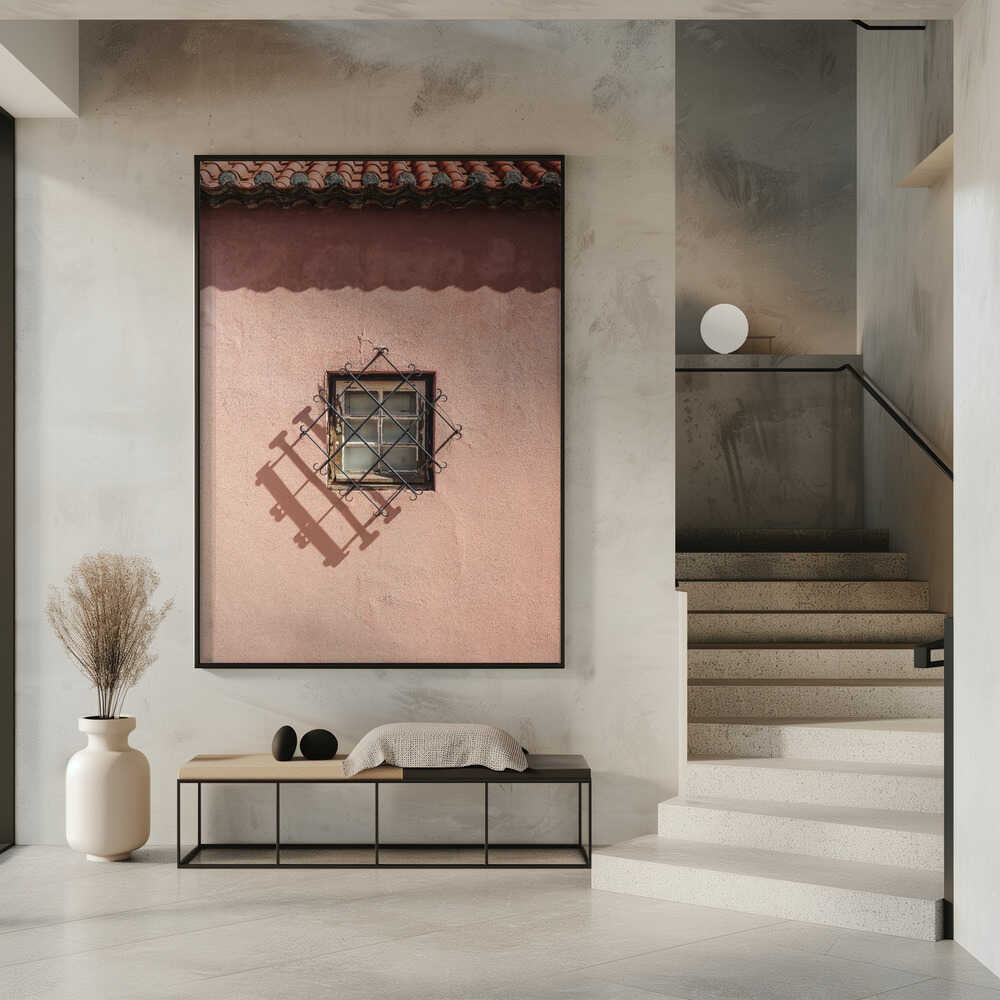 Rustic Pink Wall With A Vintage Window Poster