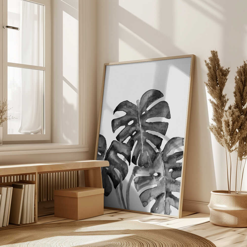 Monstera leaves in loose watercolor bw Poster