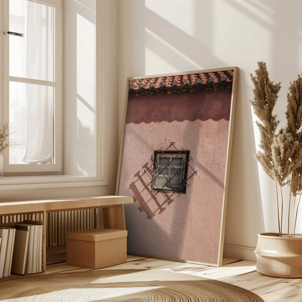 Rustic Pink Wall With A Vintage Window Poster