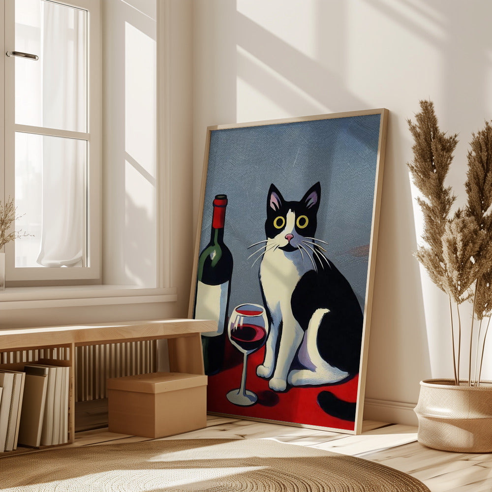 Black and White Cat On Red Table Poster