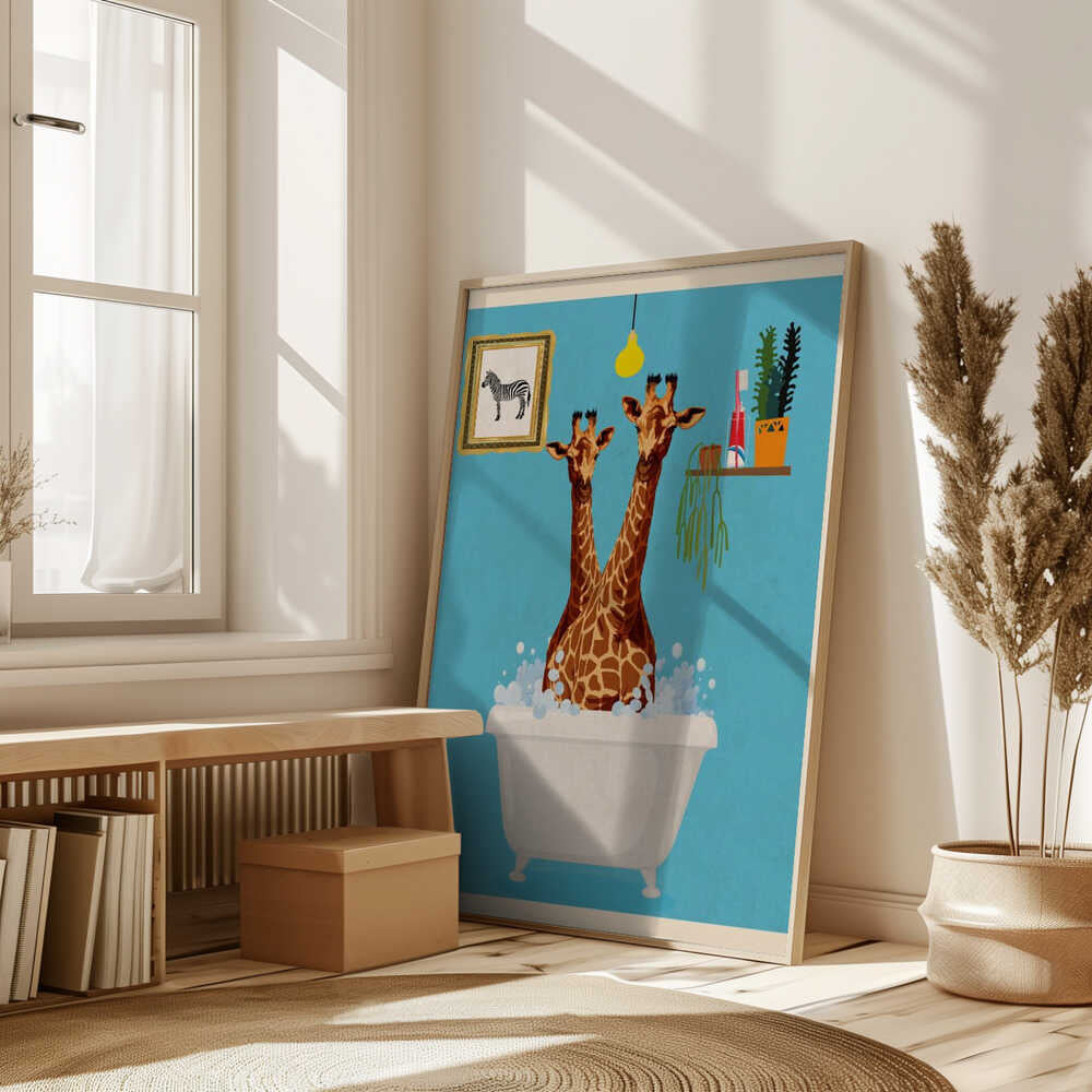 Giraffes In Bath Poster