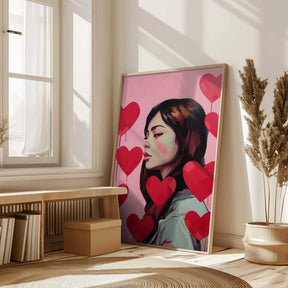 Portrait Of A Woman Surrounded By Red Hearts Poster