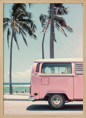 Pink Bus By the Beach Poster