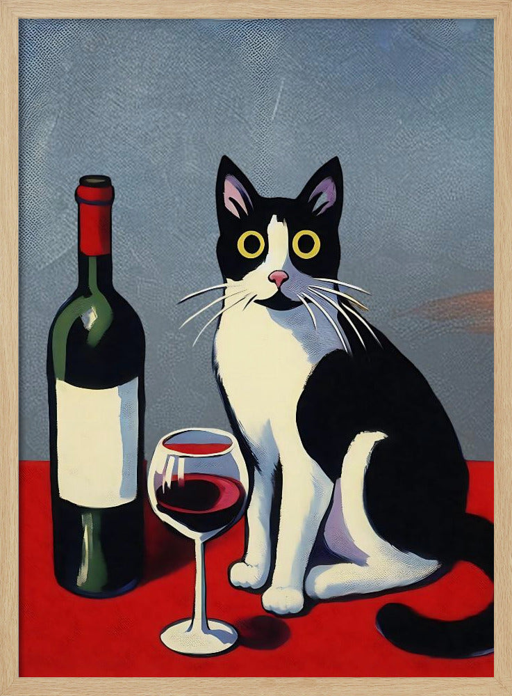 Black and White Cat On Red Table Poster