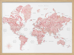 Pink watercolor world map with cities, Alheli Poster